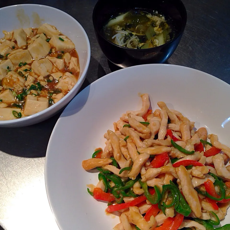 麻婆豆腐&鶏肉とピーマンのオイスターソース炒め&残り素麺のスープ|seiko Oさん