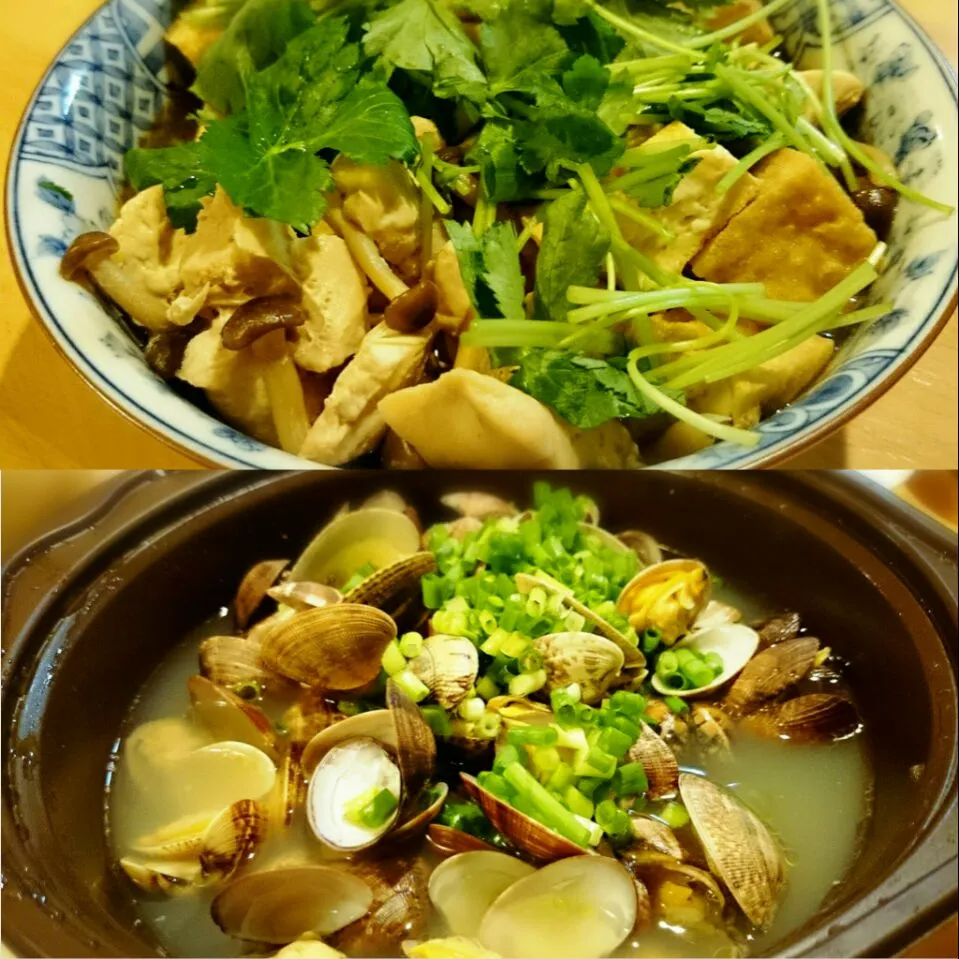 鶏肉と厚揚げの煮物と、あさりの和風出汁の酒蒸し〜(￣ー￣)|ジイジさん