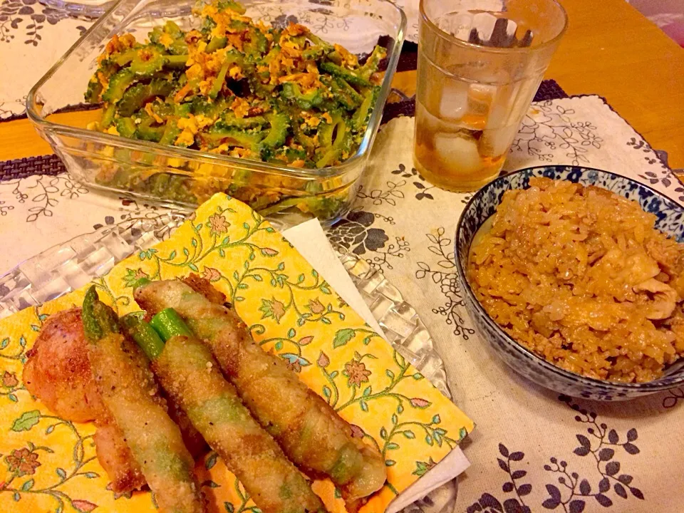 アスパラ・トマトの肉巻き ゴーヤチャンプル 炊き込みご飯|marieさん