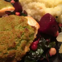 Broccoli Crusted Wild Salmon, Roasted Beets, Sautéed Swiss Chard and Garbanzos with Lemon Mashed Yukon Potatoes.|ciaFRYguyさん