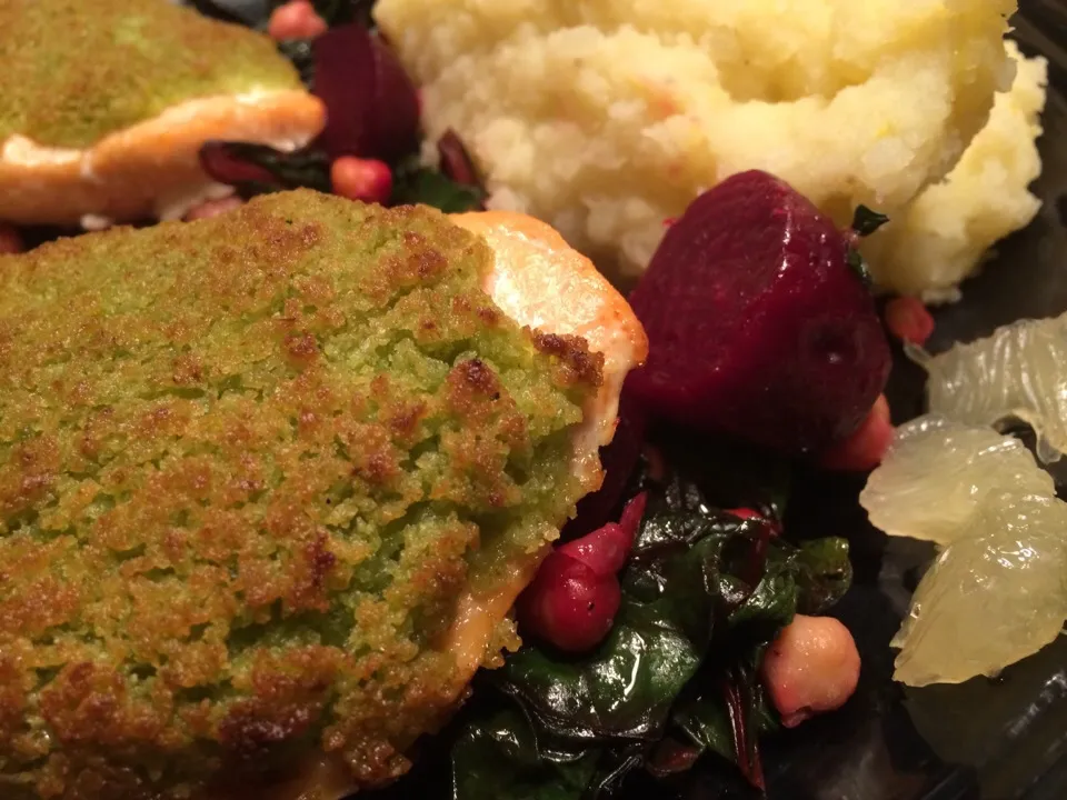 Broccoli Crusted Wild Salmon, Roasted Beets, Sautéed Swiss Chard and Garbanzos with Lemon Mashed Yukon Potatoes.|ciaFRYguyさん