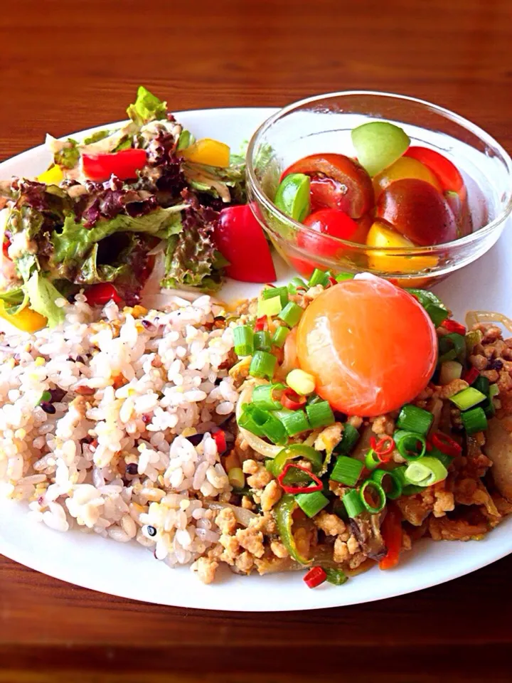 ⭐️野菜と豚挽肉のピリ辛味噌炒め丼 ⭐️カラフルトマトの蜂蜜マリネ ⭐️野菜サラダ 胡麻ドレッシング|よっちぃさん