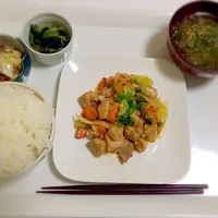 鶏肉の味噌マヨ炒め定食|みさをさん