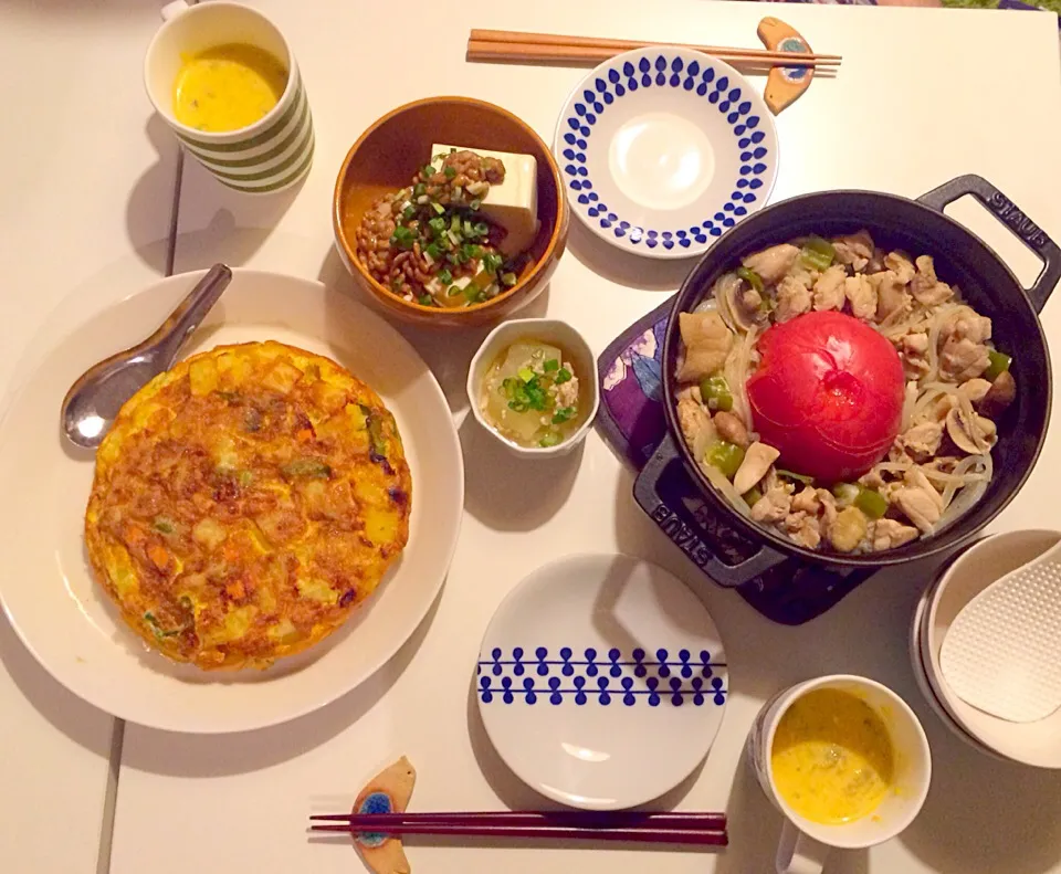 トマトと鶏の炊き込みご飯、スパニッシュオムレツ、かぼちゃのポタージュ|miwankoさん