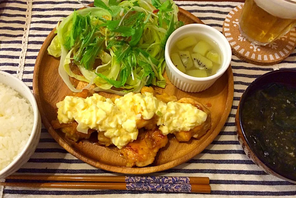 チキン南蛮 サラダ キウイゼリー あおさのお味噌汁|haseseさん