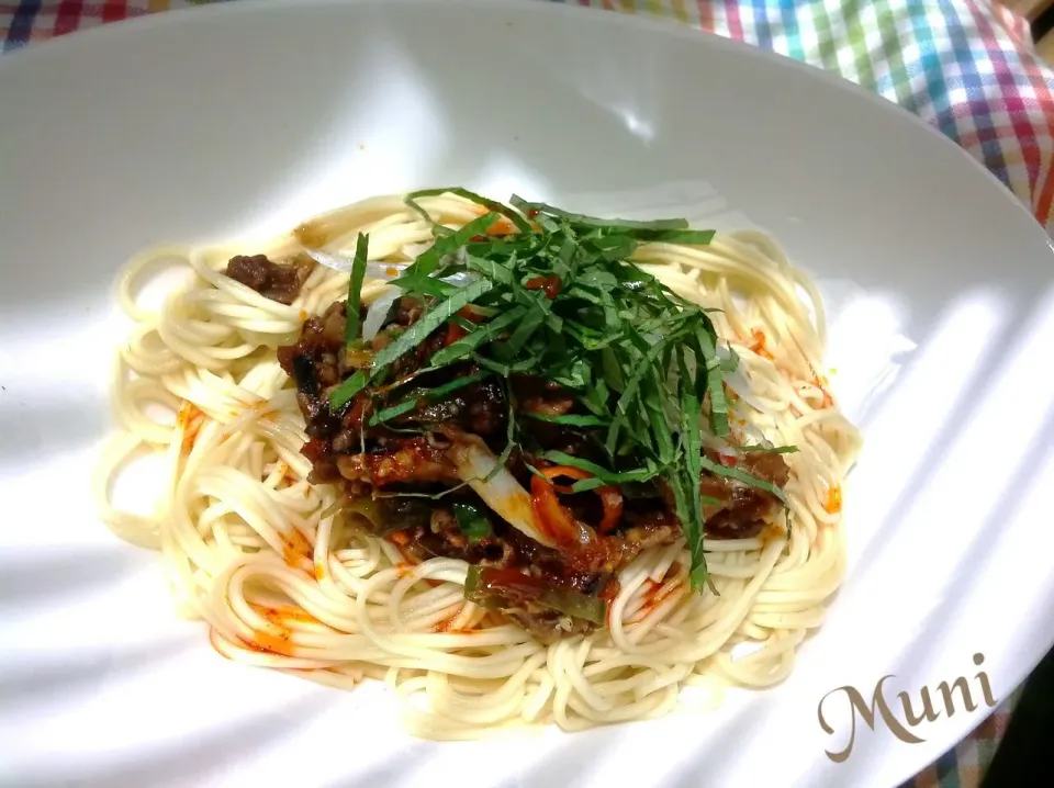 麻婆用の肉茄子でジャジャ麺♪辛めですぅ!!|key♪さん