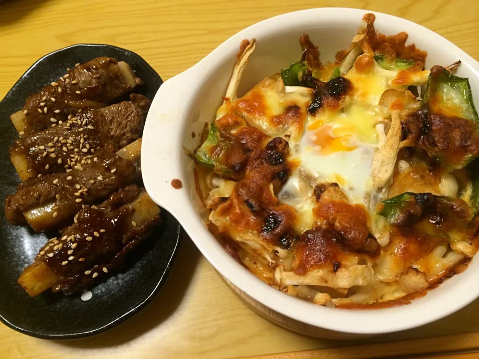 厚揚げと野菜の味噌チーズ焼き with 玉子、山芋の牛肉巻き焼き。|liccaさん