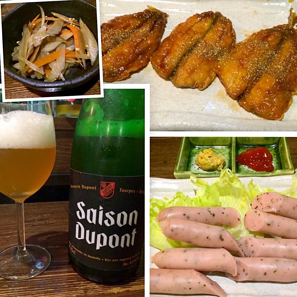 ベルギービール セゾンデュポン 鰯の蒲焼き風とオリーブ&バジルソーセージとピリ辛きんぴらゴボウ|uchikawa hiroshiさん