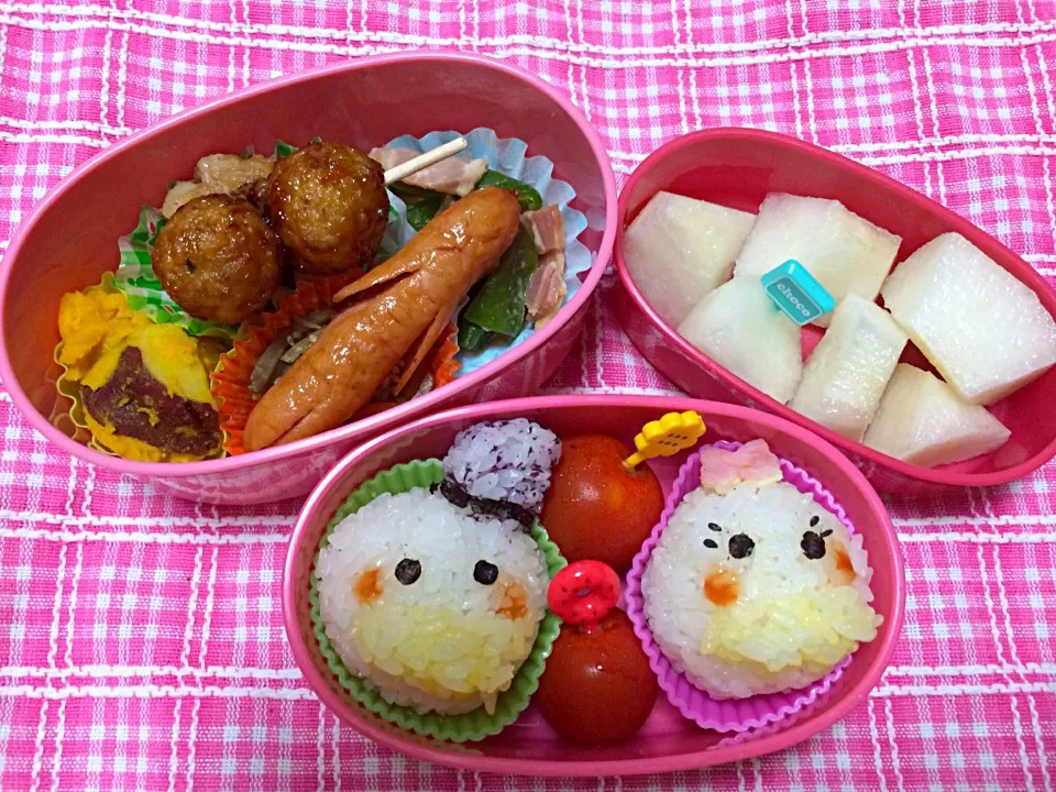 Snapdishの料理写真:夏休み学童最終日‼︎本日の学童弁当〜ツムツムドナルド＆デイジー弁当〜|こむぎさん