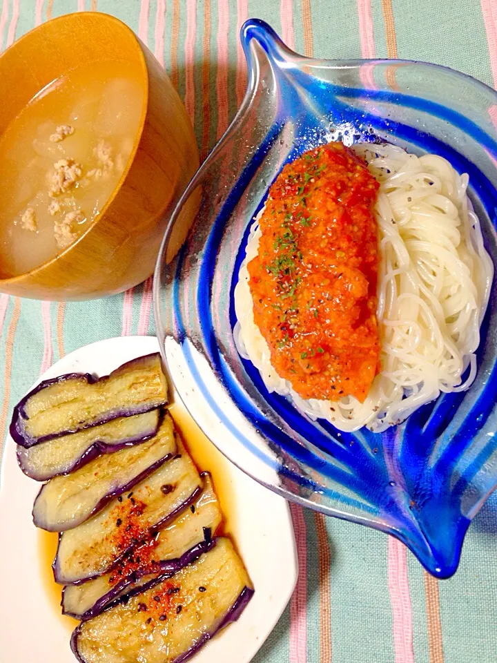 冷やしココナッツ風味トマト素麺と冷やし茄子のポン酢漬け|Sakuraさん