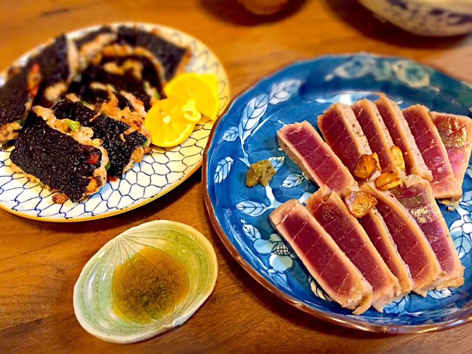 Snapdishの料理写真:恭子さんの料理 豚ひき肉の磯辺焼き とマグロガーリックオイルステーキ|うりさん