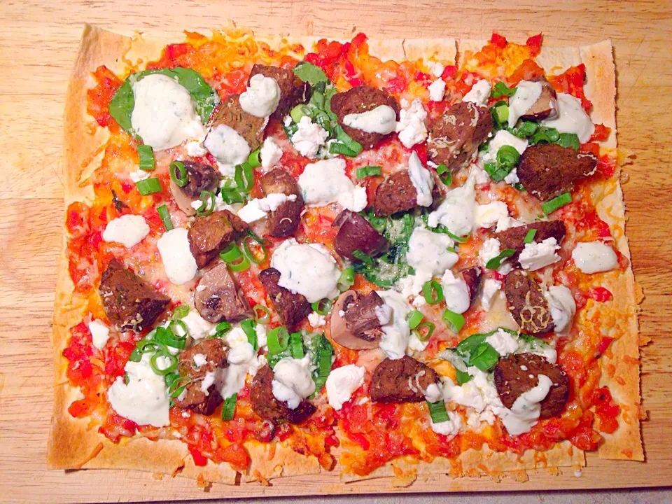 Snapdishの料理写真:Lamb Mushroom + Feta Mountain Bread Pizza|Chrisy Hillさん