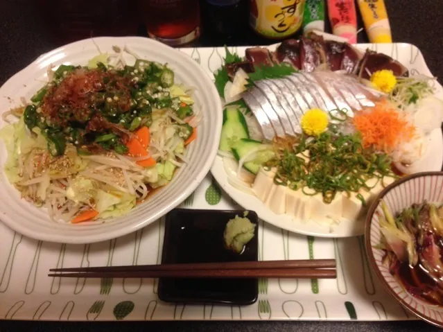 刻みオクラモヤポン、藁焼き鰹のたたき、太刀魚のお刺身、スライス玉ねぎ、冷奴！✩⃛꒰⁎⁍̴◡⁍̴⁎ ॢ꒱✨|サソリさん