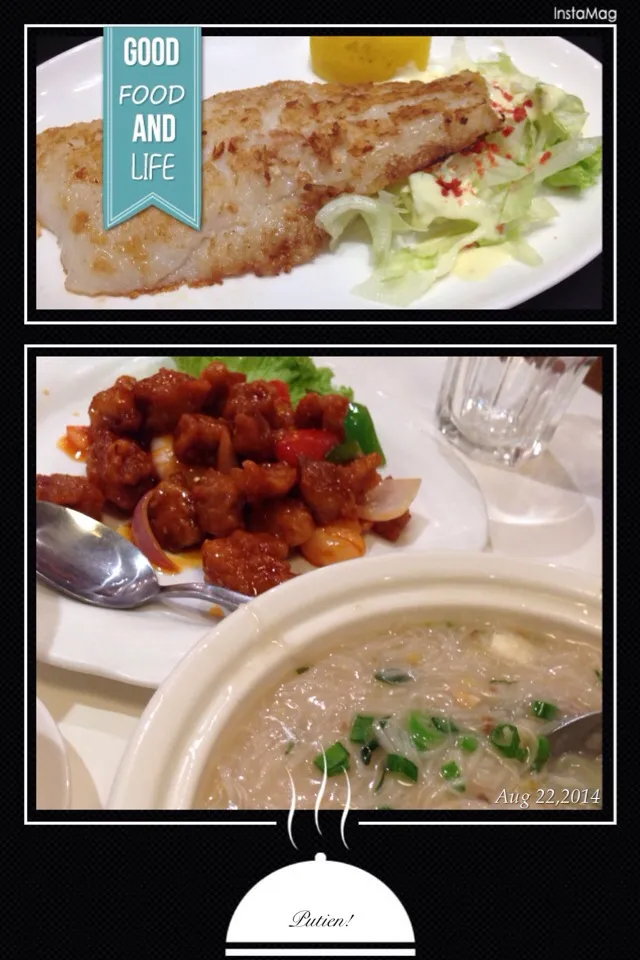 Snapdishの料理写真:Lunch: Pan fry dory fish. Dinner: putien's 插粉 & sweet n sour pork & 三蛋苋菜|definitelyjoannaさん