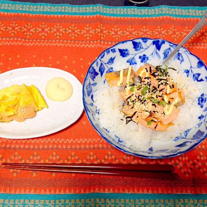 マヨサーモン丼もどきと明太子卵焼き|muchumiさん