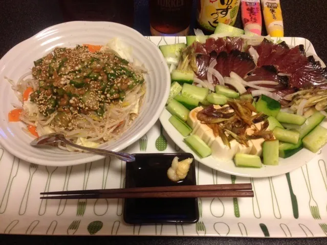 オクラ納豆モヤポン、藁焼き鰹のたたき、塩もみキュウリの胡麻油和え、スライス玉ねぎ、冷奴！꒰✩'ω`ૢ✩꒱✨|サソリさん