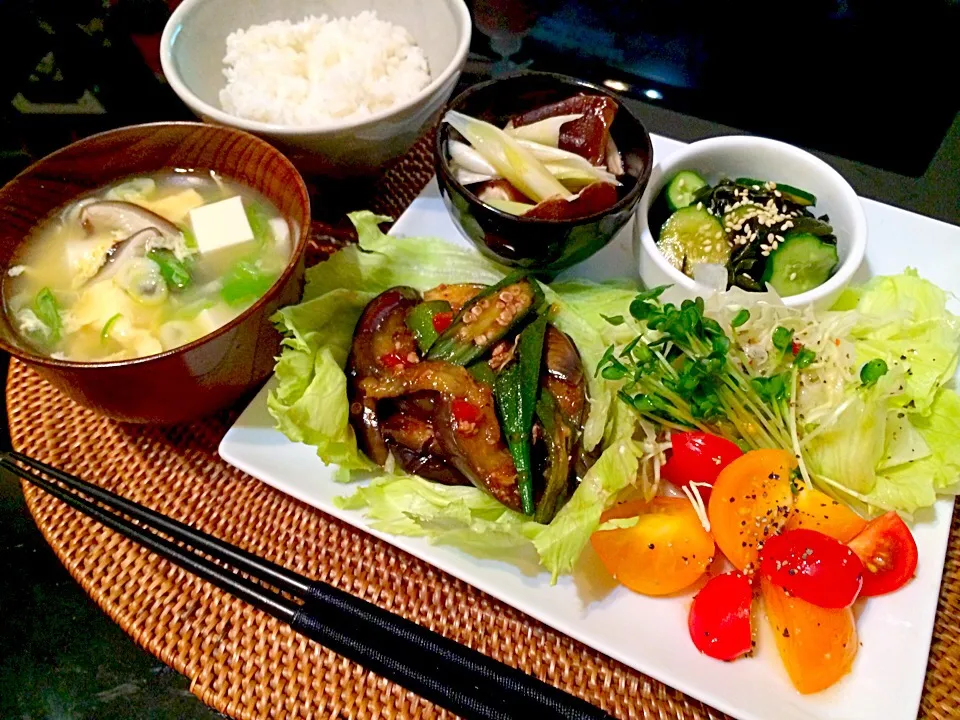 茄子とオクラのみぞれ炒め&椎茸と白葱のポン酢かけ&胡瓜の酢のモノ定食♪|Nonさん