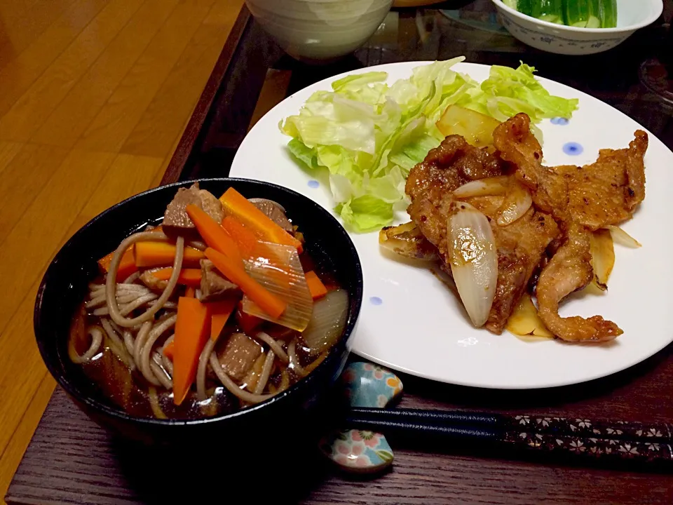 Snapdishの料理写真:生姜焼きと昨日作った鴨南蛮そば|Shin  Takakuraさん