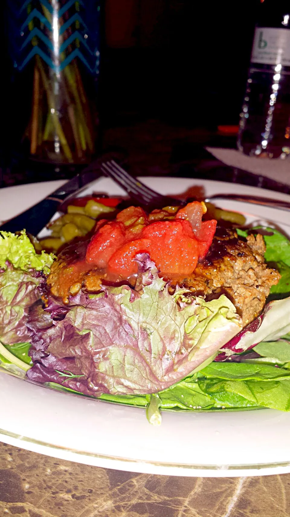 bunless burger over lettuce with steamed vegetables|Liz Jonesさん