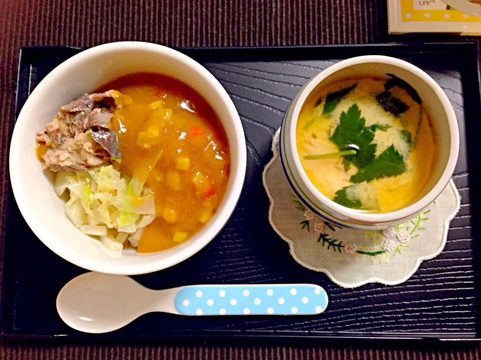 子どもごはん。カレーうどん、豆乳茶碗蒸し|林愛さん