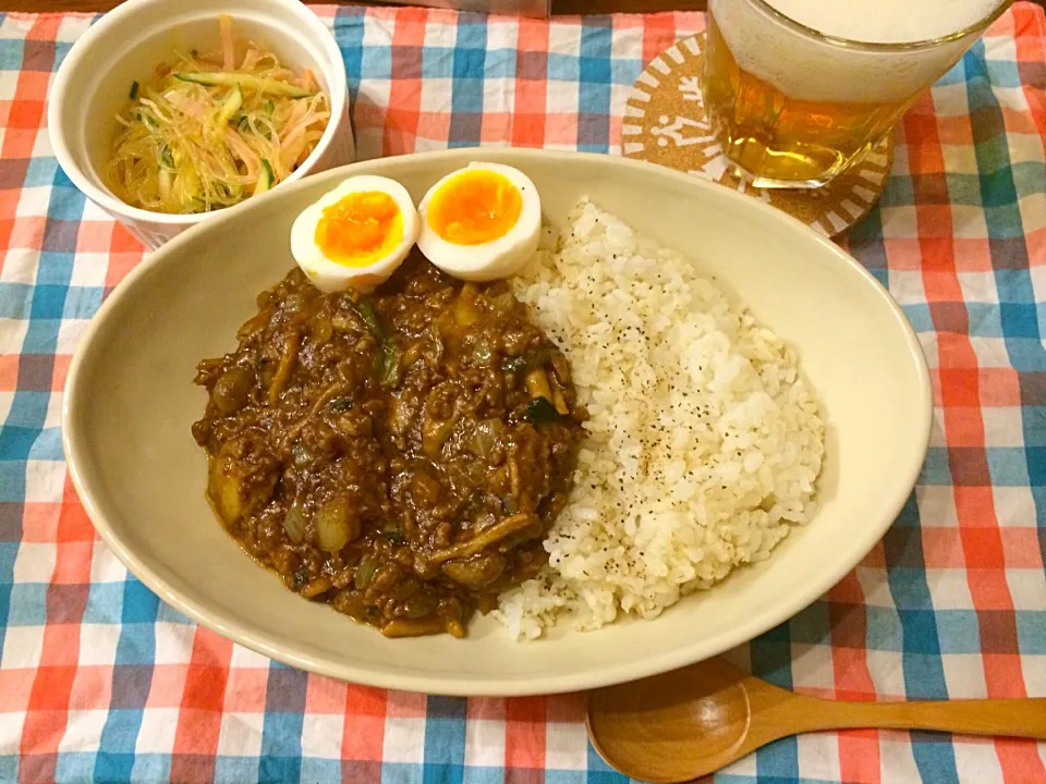 ほうれん草とキノコのキーマカレー ハムときゅうりの春雨サラダ|haseseさん