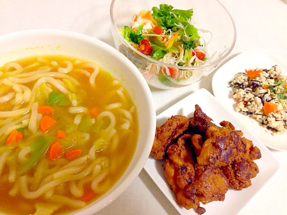 蒟蒻カレーうどん＋人参フルーツドレッシングサラダ＋紫蘇昆布白和え＋和風チキン|ゆきさん