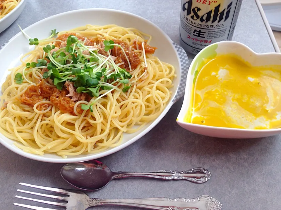 なめたけとツナのパスタ🍝ANDかぼちゃのポタージュ♥️|akemiさん