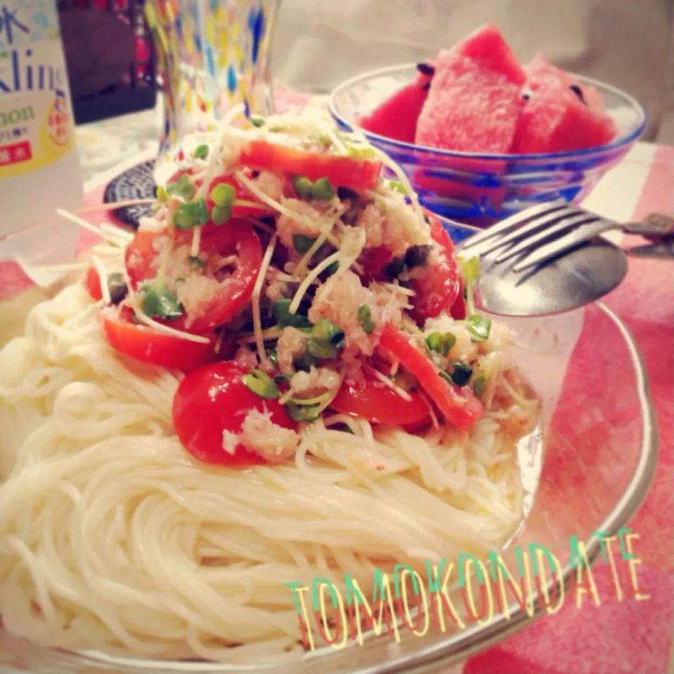 カニ缶とプチトマトの冷製パスタ風そうめん🍅🍴♡|🇯🇵ともこちゃん。さん