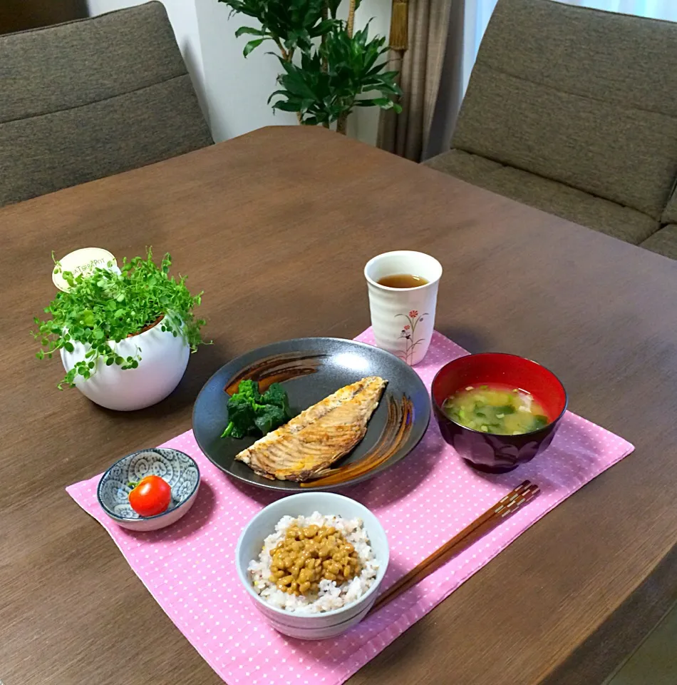 鯖の塩焼き、ほうれん草のお浸し、野菜のお味噌汁、納得ご飯、ミニトマト🍅、たんぽぽ茶|pentarouさん