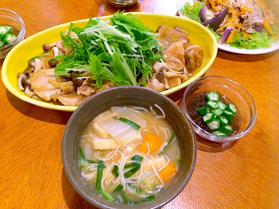 鶏肉ときのこの和風おろし、野菜たっぷり温麺、もずく酢|Iggywiggyさん