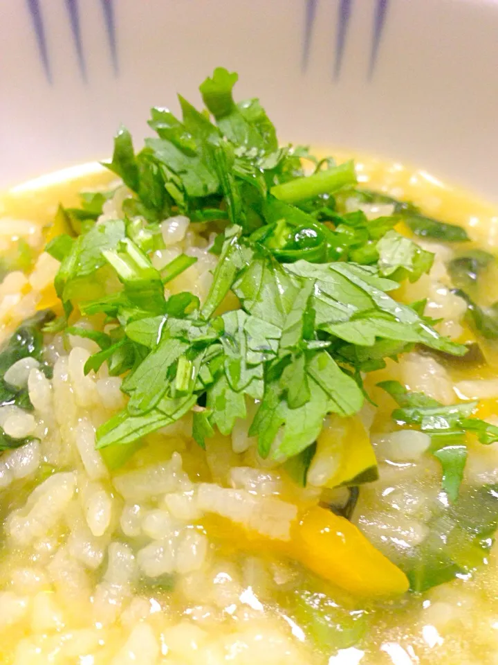 Ginger pumpkin congee ジンジャー、カボチャと葉野菜のお粥^o^|Tanuさん