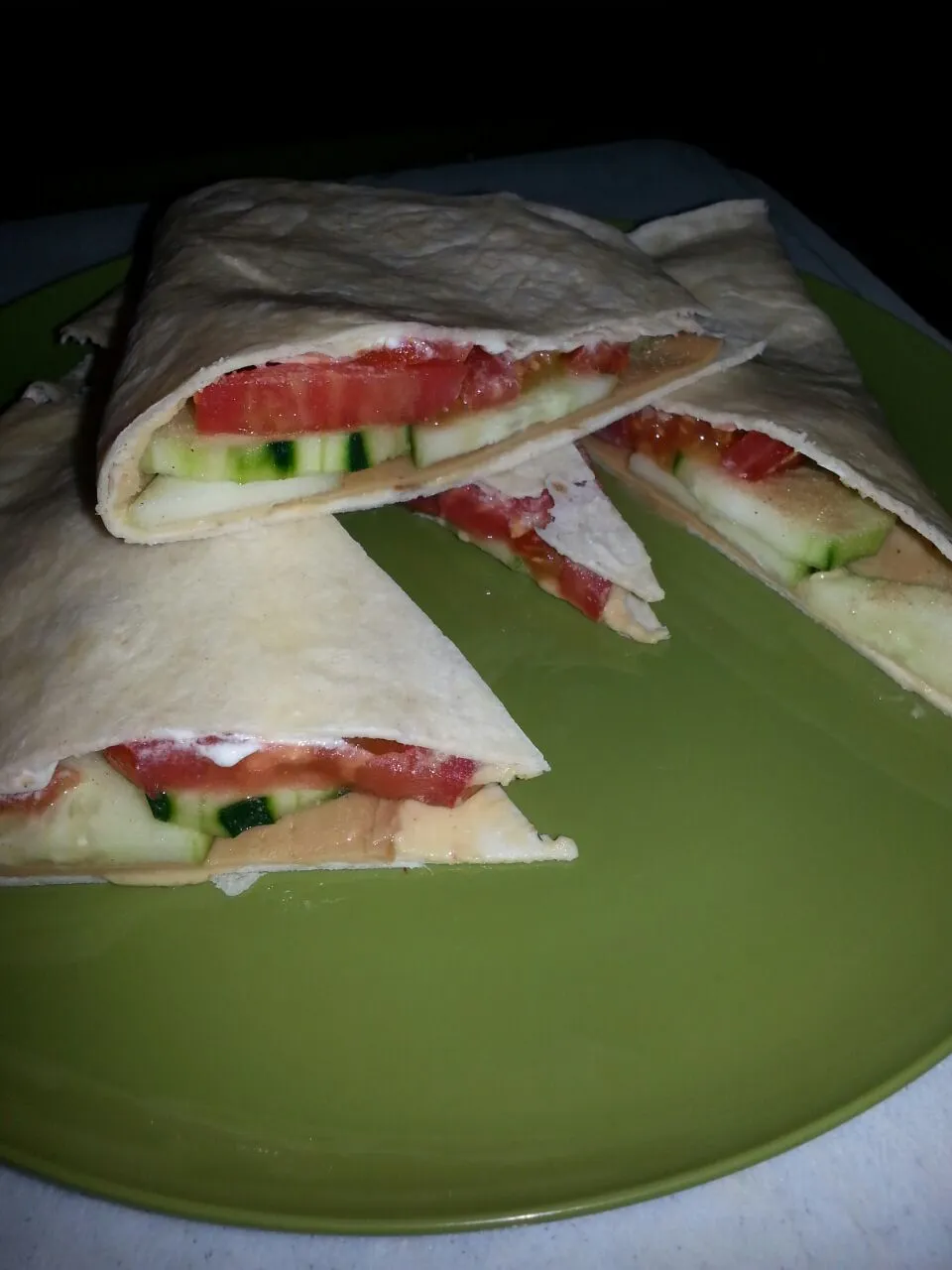 Snapdishの料理写真:raw quesadilla with Fresh tomato,  cucumber,  roasted eggplant hummus,  cream chz,  & tofurkey. 😆 love fresh veggie in summer time! !|Polly Gelfusoさん