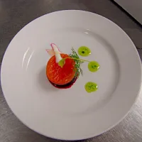 salmon lox beet and cucumber stack. creme friache,  dill oil|Timothy Harrisさん