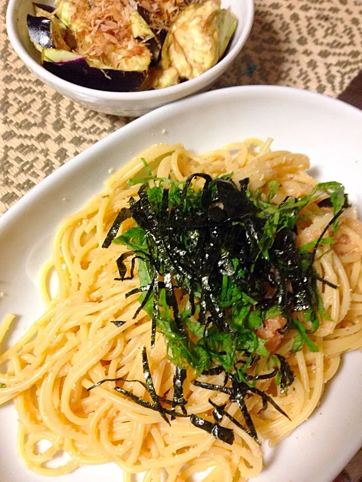 たらこパスタと水ナスのポン酢和え|あゆさん