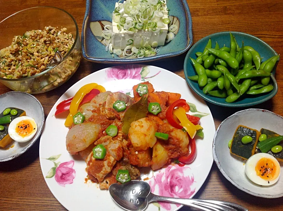 野菜とポークのトマトソース煮込み、スタミナ納豆他|しもっち"もたれつさん