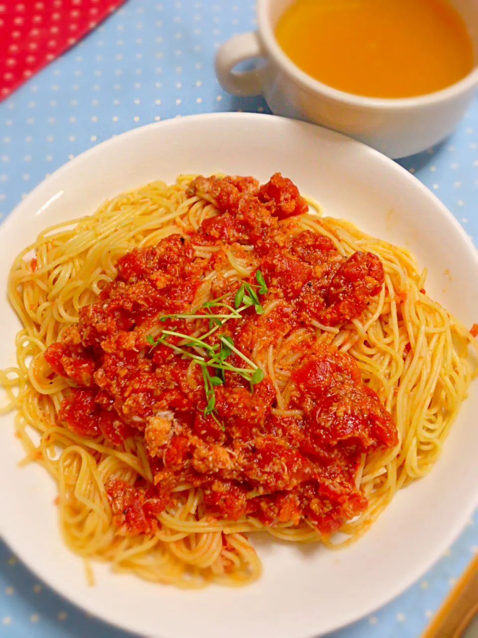 カニ缶で蟹のトマトソースパスタ|ゆきさん