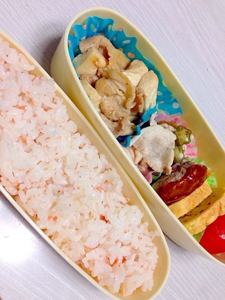 梅ご飯にオクラと豚肉の酢の物、梅入り卵焼き、豆腐と豚肉の甘辛煮、ナツメグ入りのハンバーグ！どれも夏に腐りにくいお弁当です|新沼友香さん