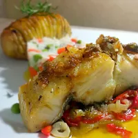 lombo de bacalhau com molho de alcaparras, batata hasselback e arroz a grega.  #codfish #hasselbackpotato #greekrice #Di'CasaBistrô|Jorge Augusto cardoso de cardosoさん