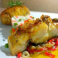 lombo de bacalhau com molho de alcaparras, batata hasselback e arroz a grega. #codfish #hasselbackpotato #greekrice #Di'CasaBistrô|Jorge Augusto cardoso de cardosoさん