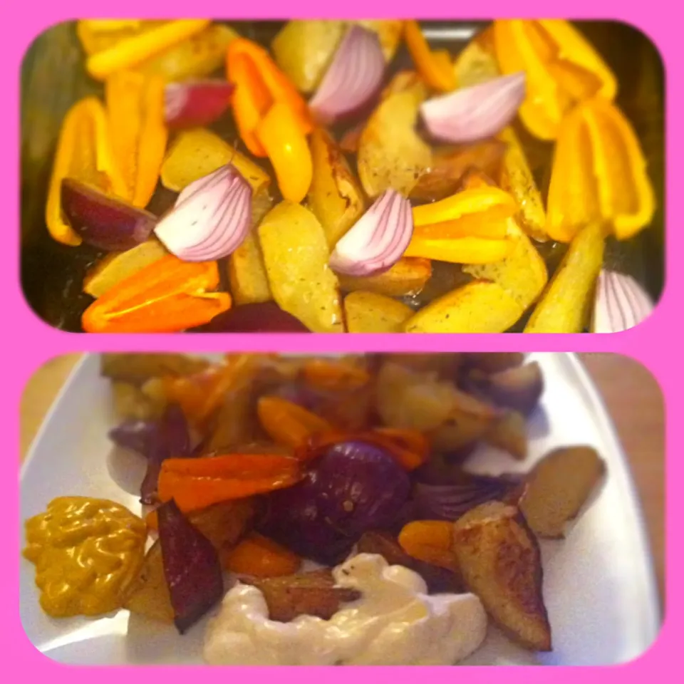 Roasted vegetables - potatoes, onions and mixed peppers with olive oil and herbs x|🍓Jolejo🍓さん