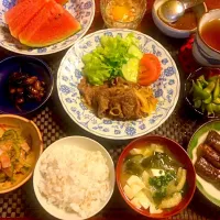 Snapdishの料理写真:和牛肉の生姜炒め♥︎茄子の甘辛和牛肉巻き♥︎葉酸たっぷり塩茹で枝豆♥︎ゴーヤとベーコンのきんぴら炒め♥︎有明のりと大豆の佃煮♥︎豆腐＆南関揚げ＆ワカメのお味噌汁♥︎スタミナ納豆♥︎スイカ♥︎特製自家ダレ|ゆ♡き♡えさん