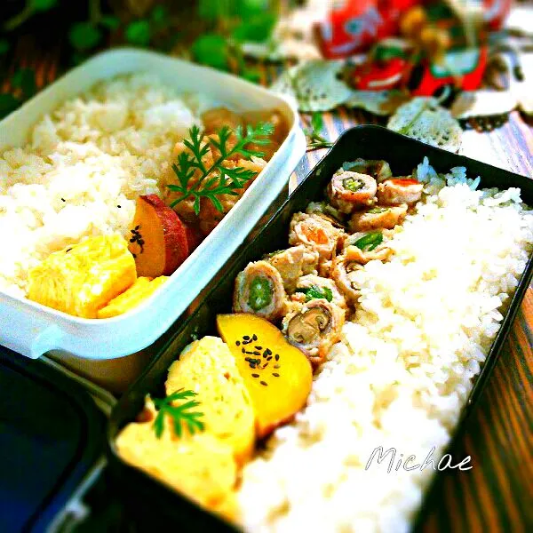 Snapdishの料理写真:色々肉巻弁当♪
＊野菜の肉巻(人参・ピーマン・オクラ・ミニ椎茸)
＊薩摩芋の甘煮
＊卵焼き|michaeさん