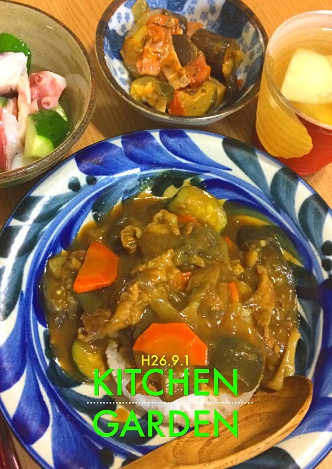 Snapdishの料理写真:夏野菜カレー、ラタトゥイユ、胡瓜と蛸の酢の物|Akiさん