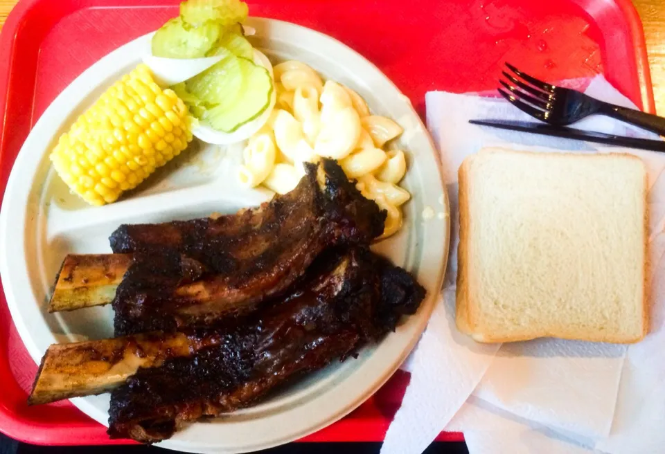 Snapdishの料理写真:Junior BBQ Beef Ribs, Mac n Cheese. Corn on the Cob, and Pickles from Ironworks BBQ|sooprcoolchicaさん