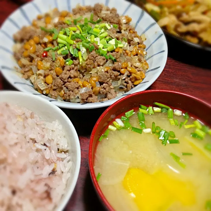 らっきょう納豆そぼろ＆かぼちゃの味噌汁|ともえさん