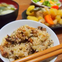 Snapdishの料理写真:サンマ缶の炊き込みご飯と鶏じゃが|andmiさん