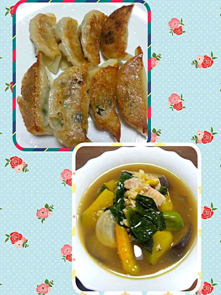 餃子と色々な　野菜スープ#dumplings#ginisang monggo w/squash,eggplant,vine spinach(alugbati)@Miki's House|Miki Jorierose Obispoさん