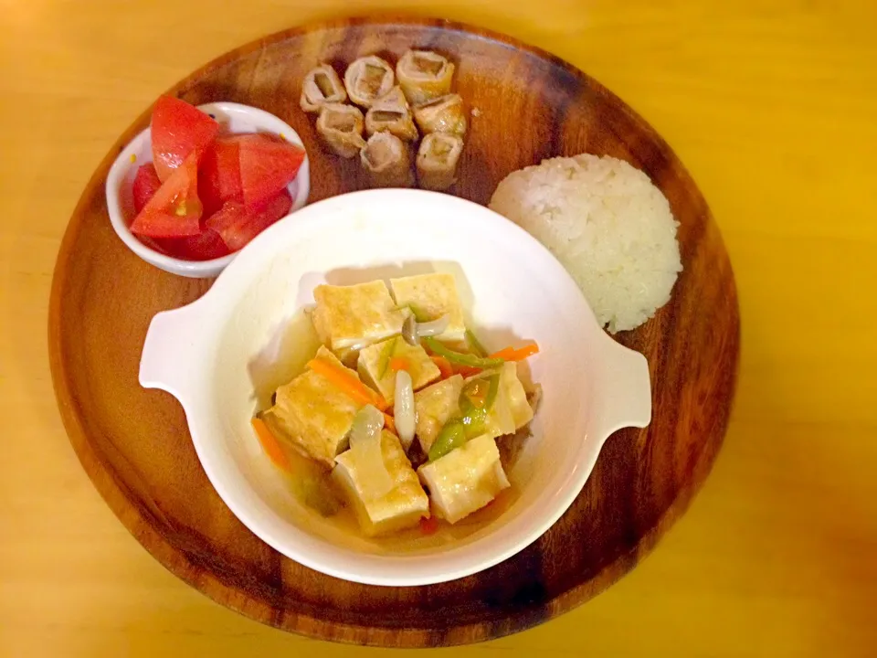 息子夕食 厚揚げの野菜あんかけ ナスの肉巻き|eriさん