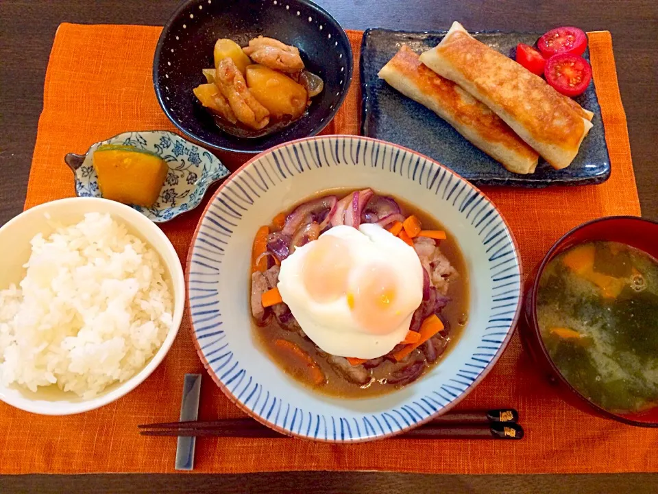 Snapdishの料理写真:ブタのプルコギ炒め   カボチャ煮   鶏じゃが   春巻き   味噌汁|NAKATAさん