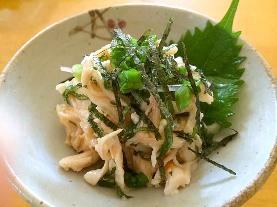 さくちんさんの料理 ささみとミョウガと長芋の削り節ドレッシング和えを鶏胸肉で♪|みきおさん